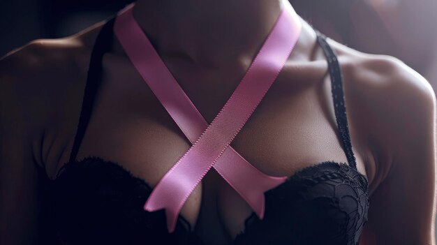 Il nastro rosa è il simbolo del mese di consapevolezza del cancro al seno su un bellissimo reggiseno femminile di colore scuro