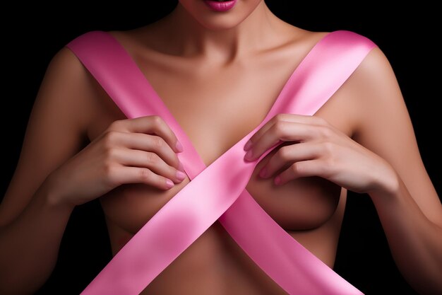 Il nastro rosa sul corpo femminile Giornata del cancro al seno