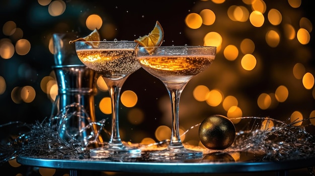 Il Natale beve un cocktail martini sullo sfondo della ghirlanda e dell'albero di Natale decorato