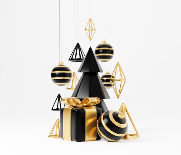 Il natale di lusso 3d rende l'insegna o la cartolina d'auguri. Moderno e minimale Capodanno e Natale in oro e nero Decorazione con albero, caramelle, palla, scatola regalo su sfondo nero