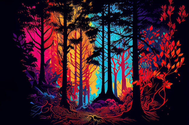 Il neon del paesaggio della foresta di fantasia colora le luci magiche nella foresta Generativo aix9