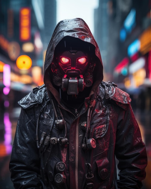 il neon di strada in stile cyberpunk ha illuminato un enorme volto umanoide