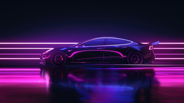 Il neon viola che brilla nel buio dell'auto elettrica su un concetto di marcia ad alta velocità