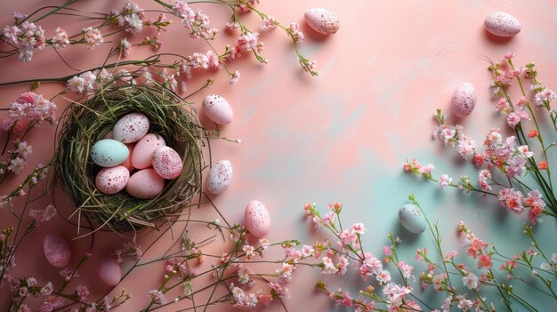 Il nido dell'uccello è pieno di uova macchiate rosa e blu e circondato da fiori e rami rosa