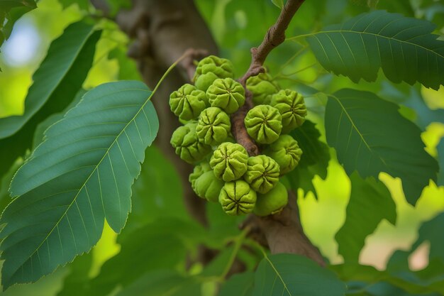 Il noce ucraino è ricoperto di minuscole noci Noci verdi acerbe penzolano da un ramo Noci acerbe e fogliame verde