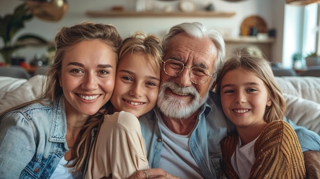 Il nonno abbraccia due giovani nipoti con le facce felici.