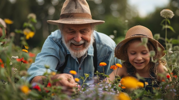 Il nonno anziano e la nipote sono impegnati nel giardinaggio nel giardino nel cortile sul retro