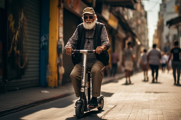 il nonno cavalca seduto su uno scooter elettrico