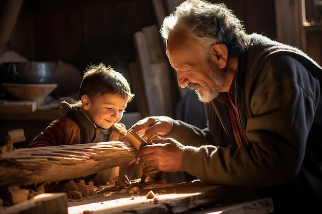 Il nonno e il nipote lavorano in un laboratorio di lavorazione del legno