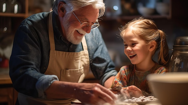 Il nonno e sua nipote stanno preparando l'impasto dei biscotti in cucina Creato con la tecnologia dell'IA generativa