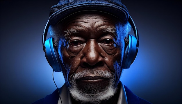 Il nonno è un vecchio uomo di colore che indossa le cuffie e ascolta musica generativa AI