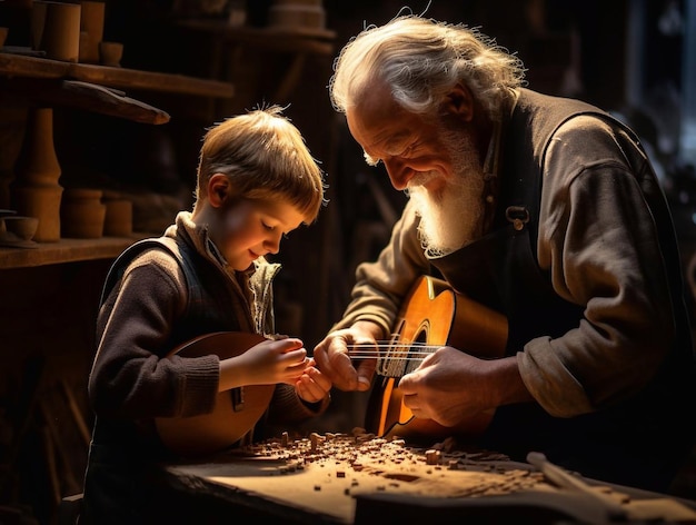 Il nonno suona la chitarra al nipote.