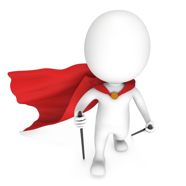 Il nordic walking supereroe bianco con mantello rosso 3d rende l'illustrazione del super eroe