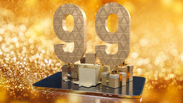 Il numero 99 d'oro sullo sfondo del tablet per la vendita o la promozione del concetto di rendering 3D