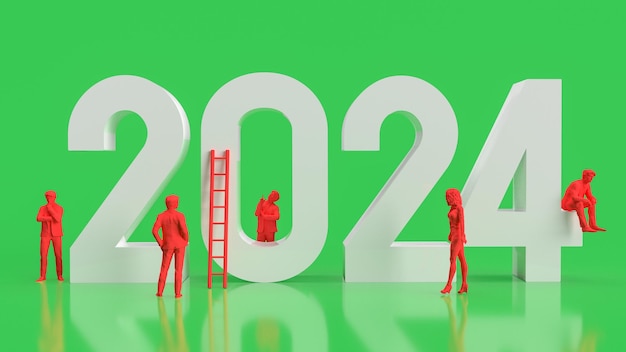 Il numero bianco 2024 e l'uomo d'affari rosso su sfondo verde rendering 3d