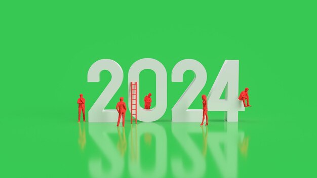 Il numero bianco 2024 e l'uomo d'affari rosso su sfondo verde rendering 3d