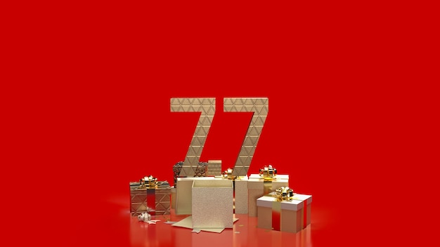 Il numero d'oro 77 sulla confezione regalo su sfondo rosso per il rendering 3d del concetto di promozione