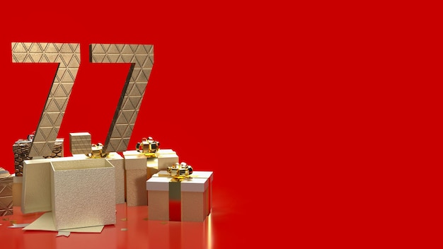 Il numero d'oro 77 sulla confezione regalo su sfondo rosso per il rendering 3d del concetto di promozione