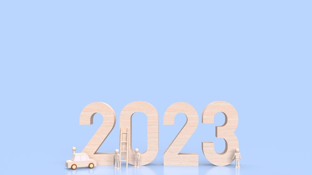 Il numero di legno 2023 nel rendering 3d di sfondo blu