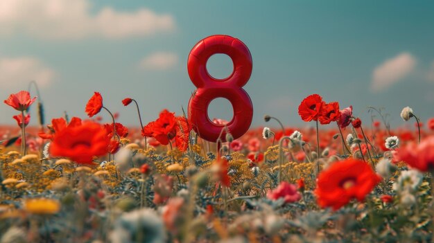 Il numero rosso 8 si erge sullo sfondo dei fiori del campo Giorno della Donna Generativa AI cinematografica