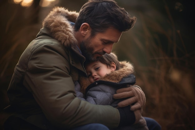 Il padre abbraccia suo figlio per strada in autunno un uomo con la barba calma suo figlio