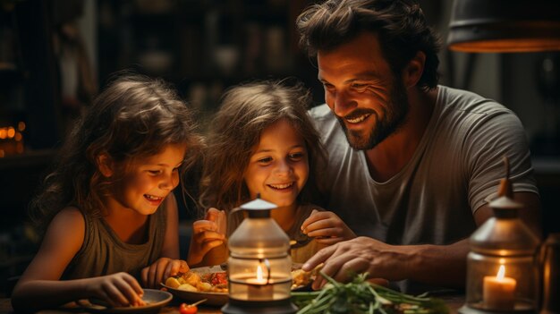 Il padre e i figli preparano il cibo