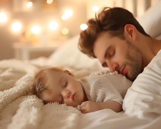 Il padre fa oscillare il bambino a dormire dolci canzoni da ninna nanna