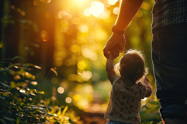 Il padre porta il suo bambino attraverso la foresta