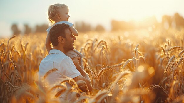 Il padre porta sua figlia sulle spalle attraverso un campo di grano