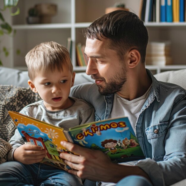 Il padre sta leggendo un libro al suo piccolo figlio.