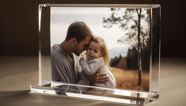 Il padre tiene in braccio il bambino sorridendo entrambi con gioia generata dall'intelligenza artificiale