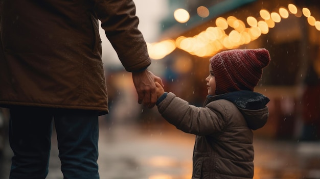 Il padre tiene la mano di sua figlia mentre cammina fuori