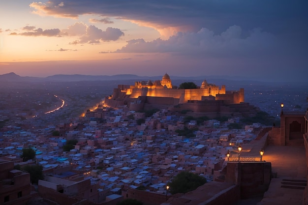 Il paesaggio cittadino luminoso di Jodhpur al crepuscolo il maestoso forte appoggiato in cima domina la città blu panoramica