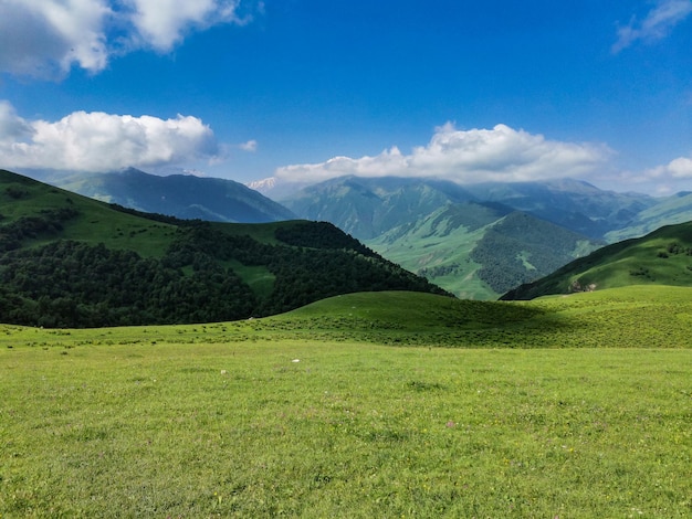 Il paesaggio del passaggio verde di Aktoprak nel Caucaso la strada e le montagne sotto le nuvole grigie Russia