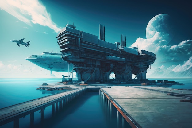 Il paesaggio del porto mercantile futuristico del futuro con il lungo molo sullo sfondo del mare blu ha creato w