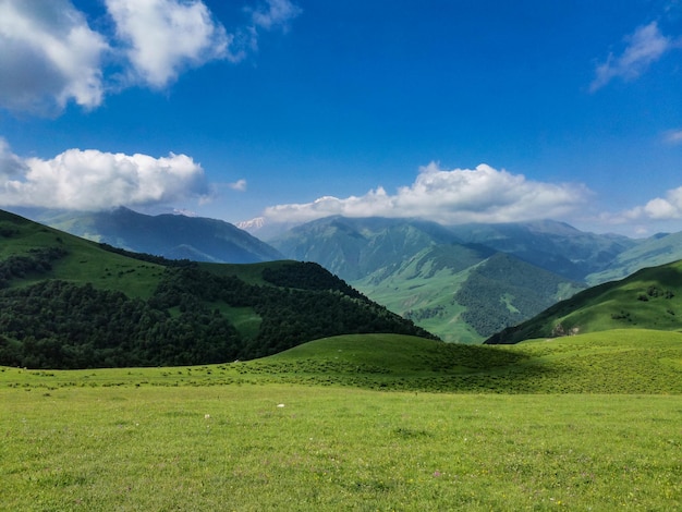 Il paesaggio del verde Aktoprak passa nel Caucaso la strada e le montagne sotto nuvole grigie