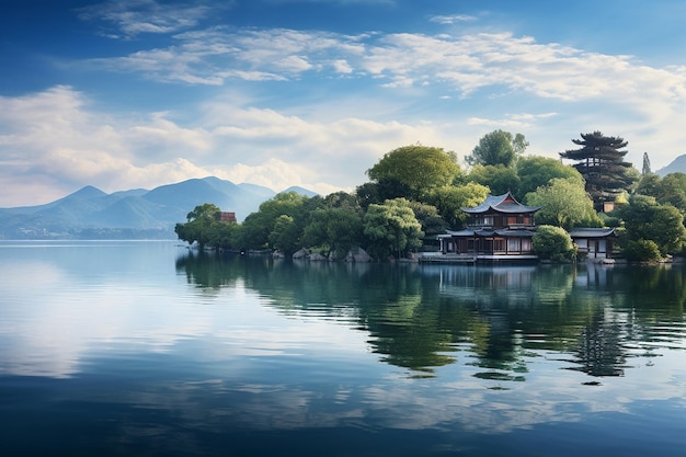 Il paesaggio del West Lake in un ampio panorama IA generativa