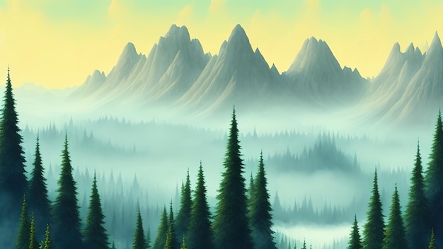 Il paesaggio della foresta di conifere mistica nuvolosa sulla montagna