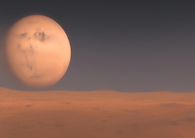 Il paesaggio della superficie di Marte con un grande pianeta nel cielo