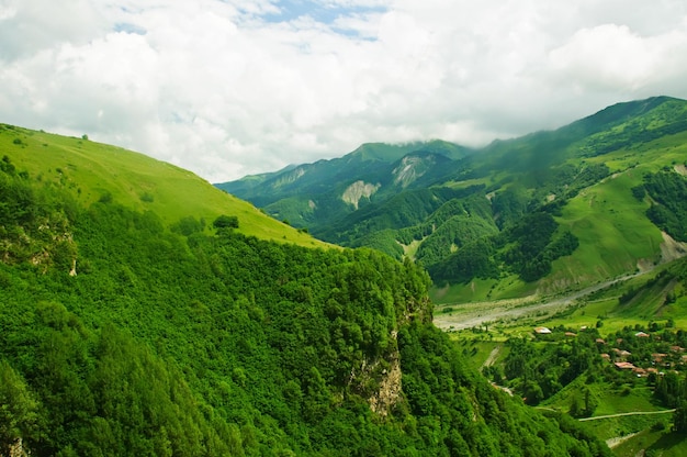 Il paesaggio delle montagne verdi del Caucaso nello sfondo naturale della Georgia