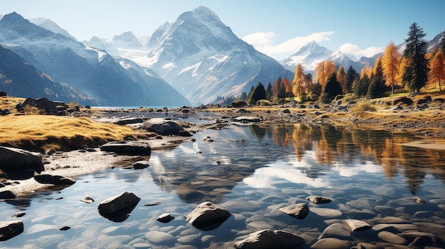 Il paesaggio montano riflette i colori autunnali in acque tranquille