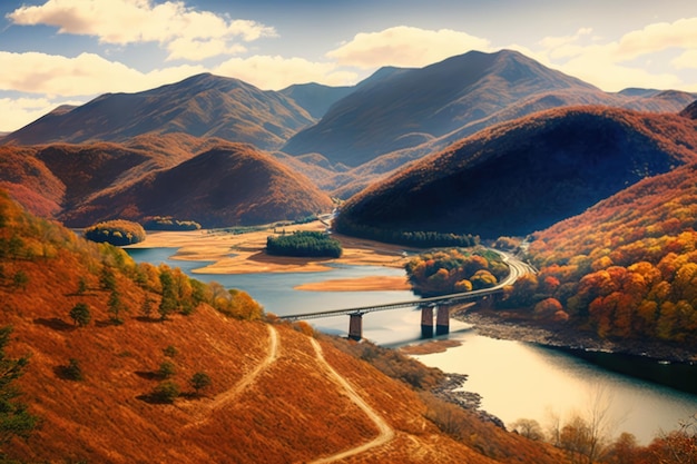 Il paesaggio si rannuvola sulle colline e sul ponte creato utilizzando la tecnologia ai