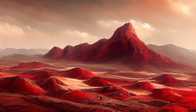 Il paesaggio sulla superficie del pianeta Marte è un pittoresco deserto sul pianeta rosso Sfondo del poster di copertina del gioco spaziale con montagne di terra rossa stelle opere d'arte 3d