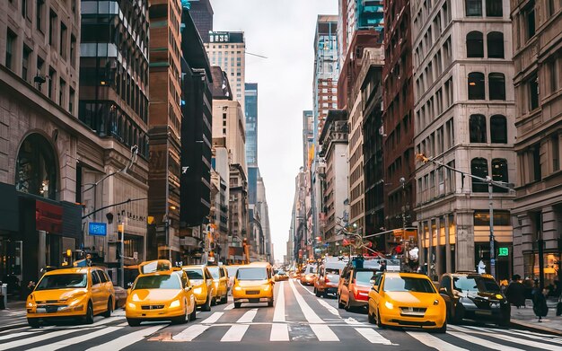 Il paesaggio urbano sfocato di New York pieno di macchine e taxi gialli