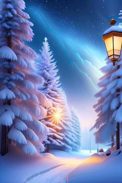 Il paese delle meraviglie invernale coperto di neve Fiocchi di neve ghiacciati e luci di Natale