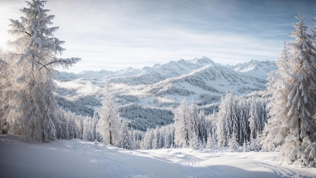 Il paese delle meraviglie invernali con alberi e montagne innevate