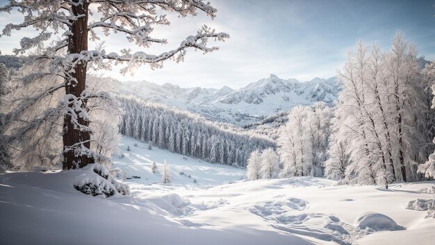 Il paese delle meraviglie invernali con alberi e montagne innevate