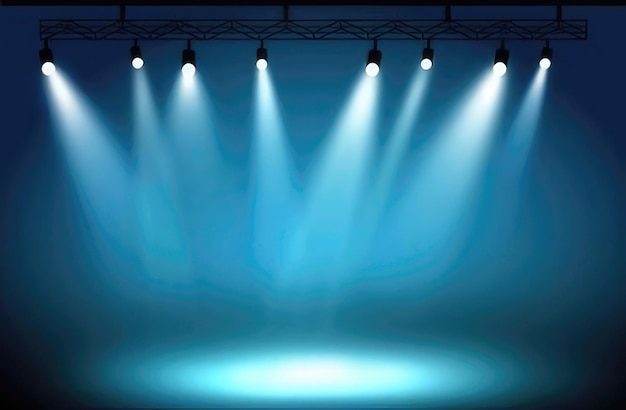 il palco scuro mostra uno sfondo blu scuro una scena vuota scura luci al neon riflettori pavimento e studio