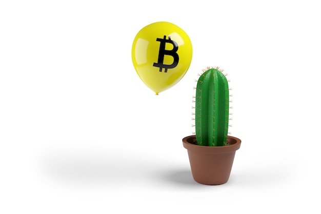 Il palloncino con il simbolo del bitcoin è pericolosamente vicino alle spine di un cactus.