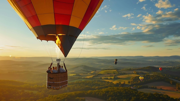 Il palloncino vola sopra un paesaggio rurale con un fiume di alberi e una piccola città in lontananza